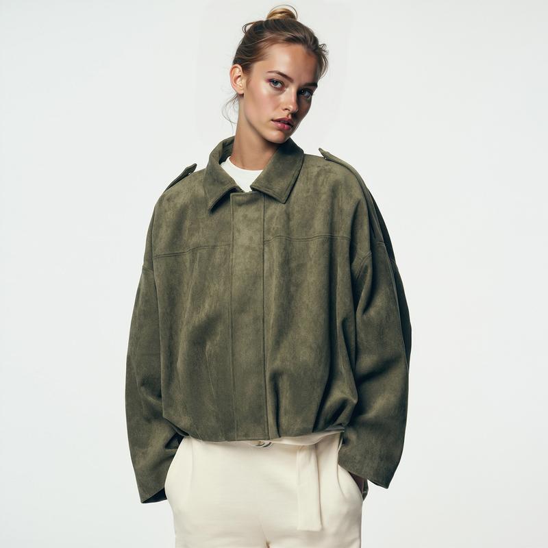 Women's Bomber Jacket Lapel Long Sleeve Zipper Suede Jacket Women