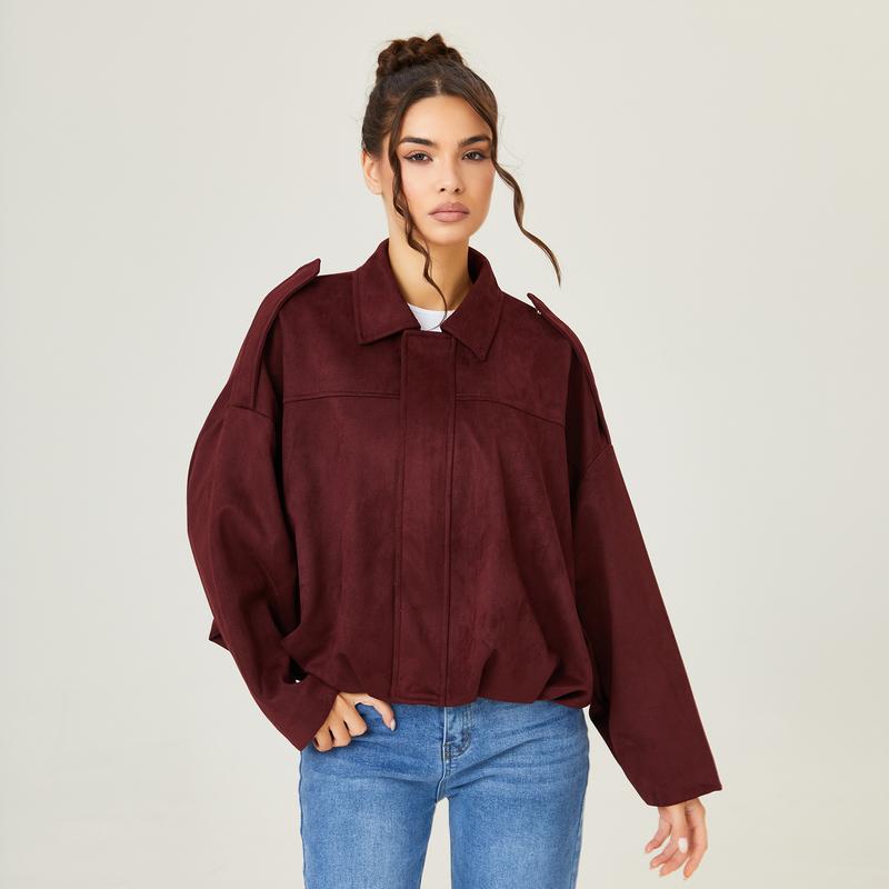 Women's Bomber Jacket Lapel Long Sleeve Zipper Suede Jacket Women