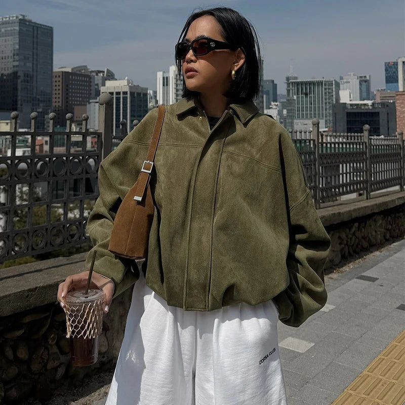 Women's Bomber Jacket Lapel Long Sleeve Zipper Suede Jacket Women
