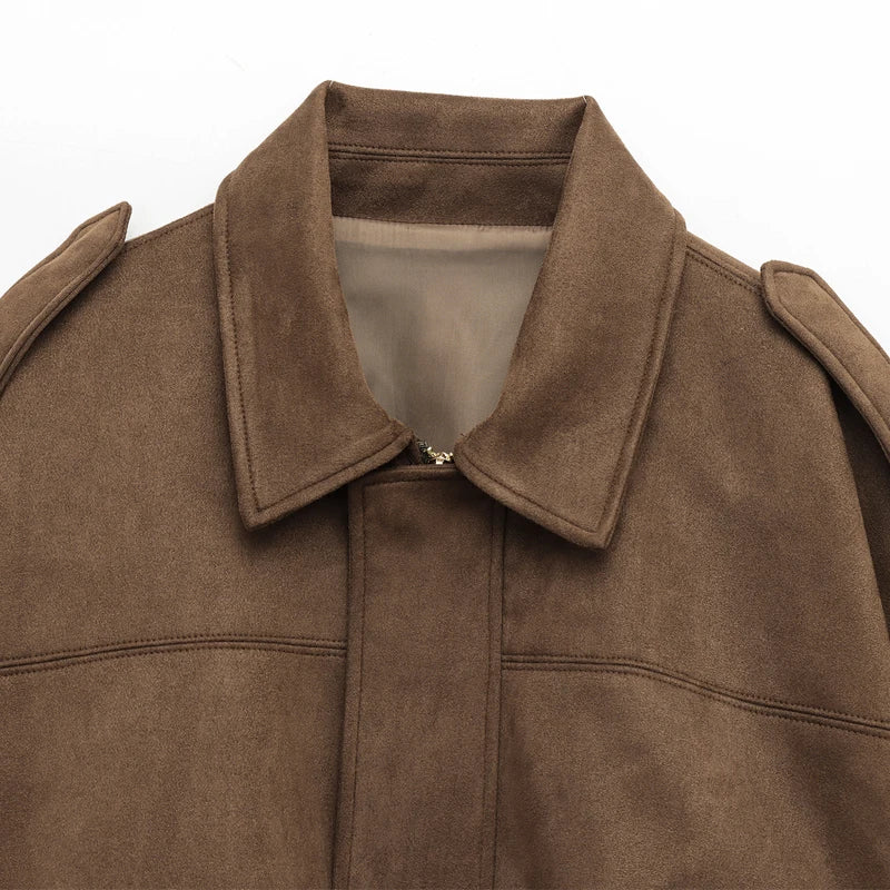 Women's Bomber Jacket Lapel Long Sleeve Zipper Suede Jacket Women