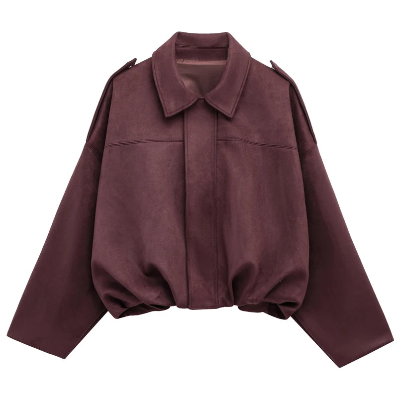 Women's Bomber Jacket Lapel Long Sleeve Zipper Suede Jacket Women