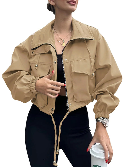 Women's Solid Zip Up Crop Jacket, Everyday Coats