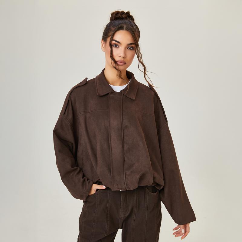 Women's Bomber Jacket Lapel Long Sleeve Zipper Suede Jacket Women