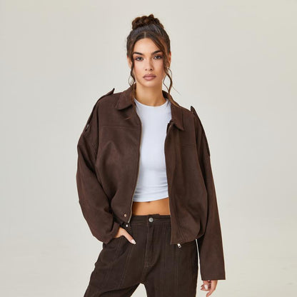Women's Bomber Jacket Lapel Long Sleeve Zipper Suede Jacket Women