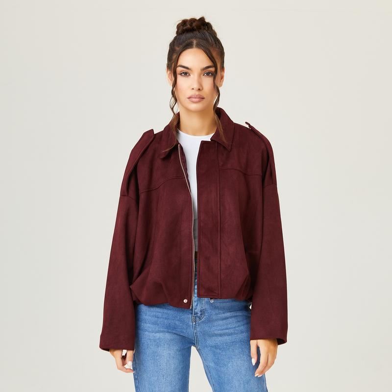 Women's Bomber Jacket Lapel Long Sleeve Zipper Suede Jacket Women
