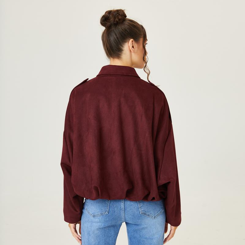 Women's Bomber Jacket Lapel Long Sleeve Zipper Suede Jacket Women
