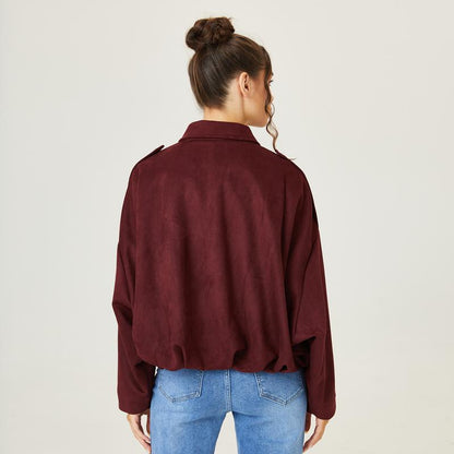 Women's Bomber Jacket Lapel Long Sleeve Zipper Suede Jacket Women