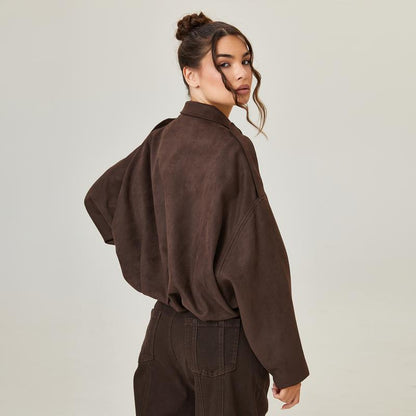 Women's Bomber Jacket Lapel Long Sleeve Zipper Suede Jacket Women