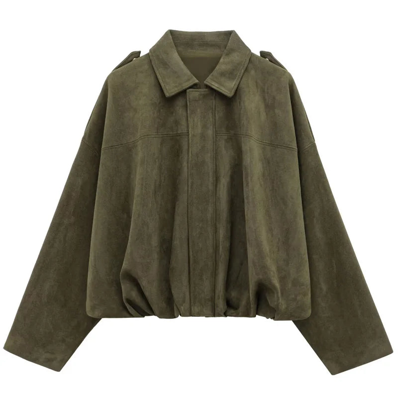 Women's Bomber Jacket Lapel Long Sleeve Zipper Suede Jacket Women