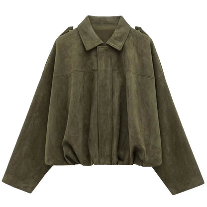Women's Bomber Jacket Lapel Long Sleeve Zipper Suede Jacket Women