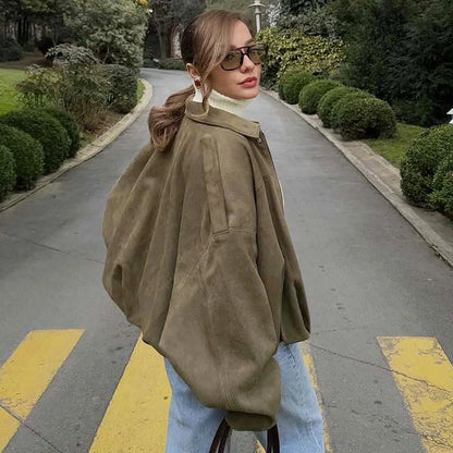 Women's Bomber Jacket Lapel Long Sleeve Zipper Suede Jacket Women
