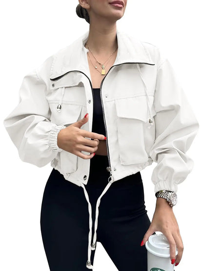 Women's Solid Zip Up Crop Jacket, Everyday Coats
