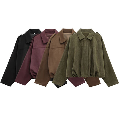 Women's Bomber Jacket Lapel Long Sleeve Zipper Suede Jacket Women