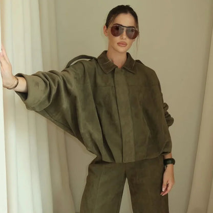 Women's Bomber Jacket Lapel Long Sleeve Zipper Suede Jacket Women