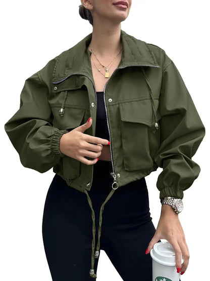 Women's Solid Zip Up Crop Jacket, Everyday Coats