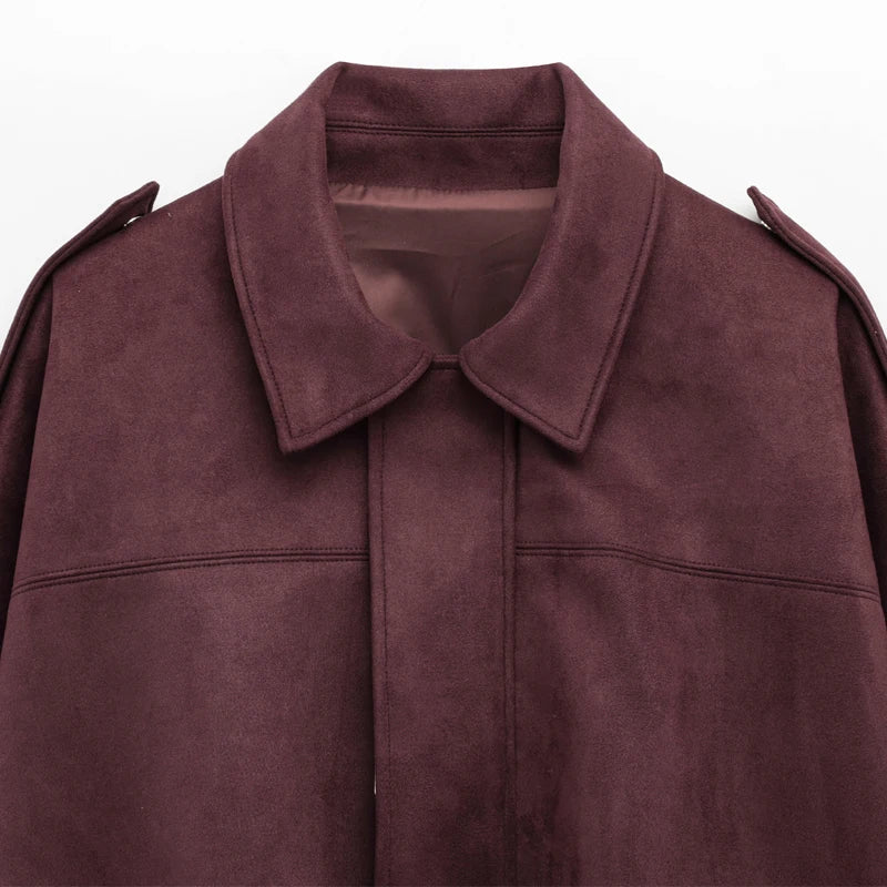 Women's Bomber Jacket Lapel Long Sleeve Zipper Suede Jacket Women
