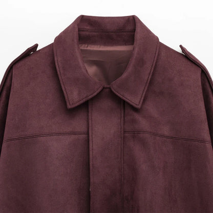 Women's Bomber Jacket Lapel Long Sleeve Zipper Suede Jacket Women