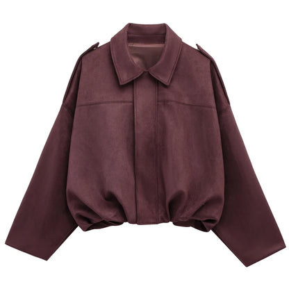 Women's Bomber Jacket Lapel Long Sleeve Zipper Suede Jacket Women