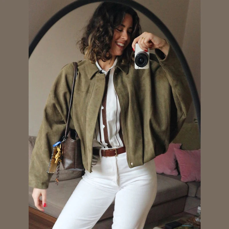 Women's Bomber Jacket Lapel Long Sleeve Zipper Suede Jacket Women