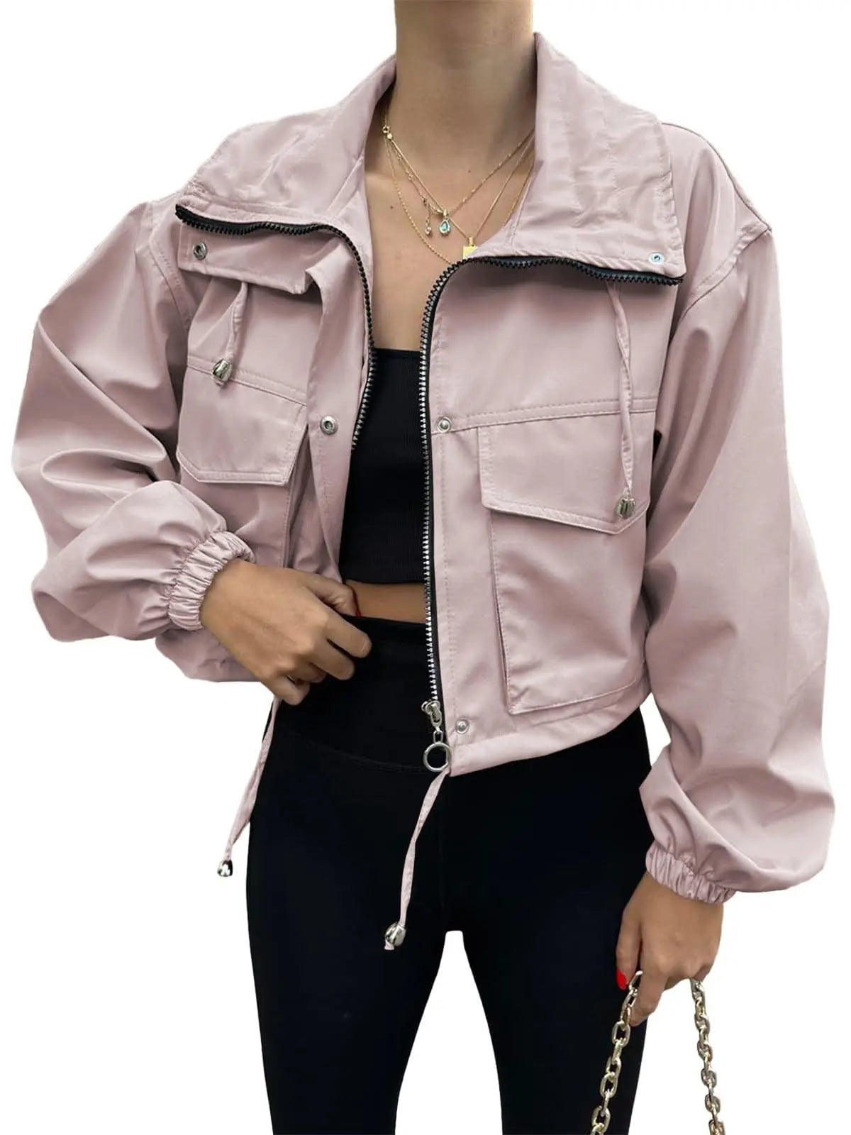 Women's Solid Zip Up Crop Jacket, Everyday Coats