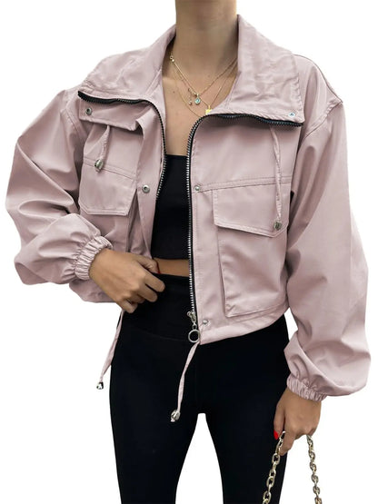Women's Solid Zip Up Crop Jacket, Everyday Coats