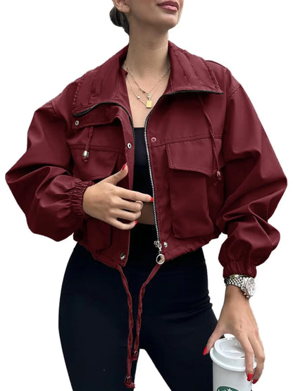 Women's Solid Zip Up Crop Jacket, Everyday Coats