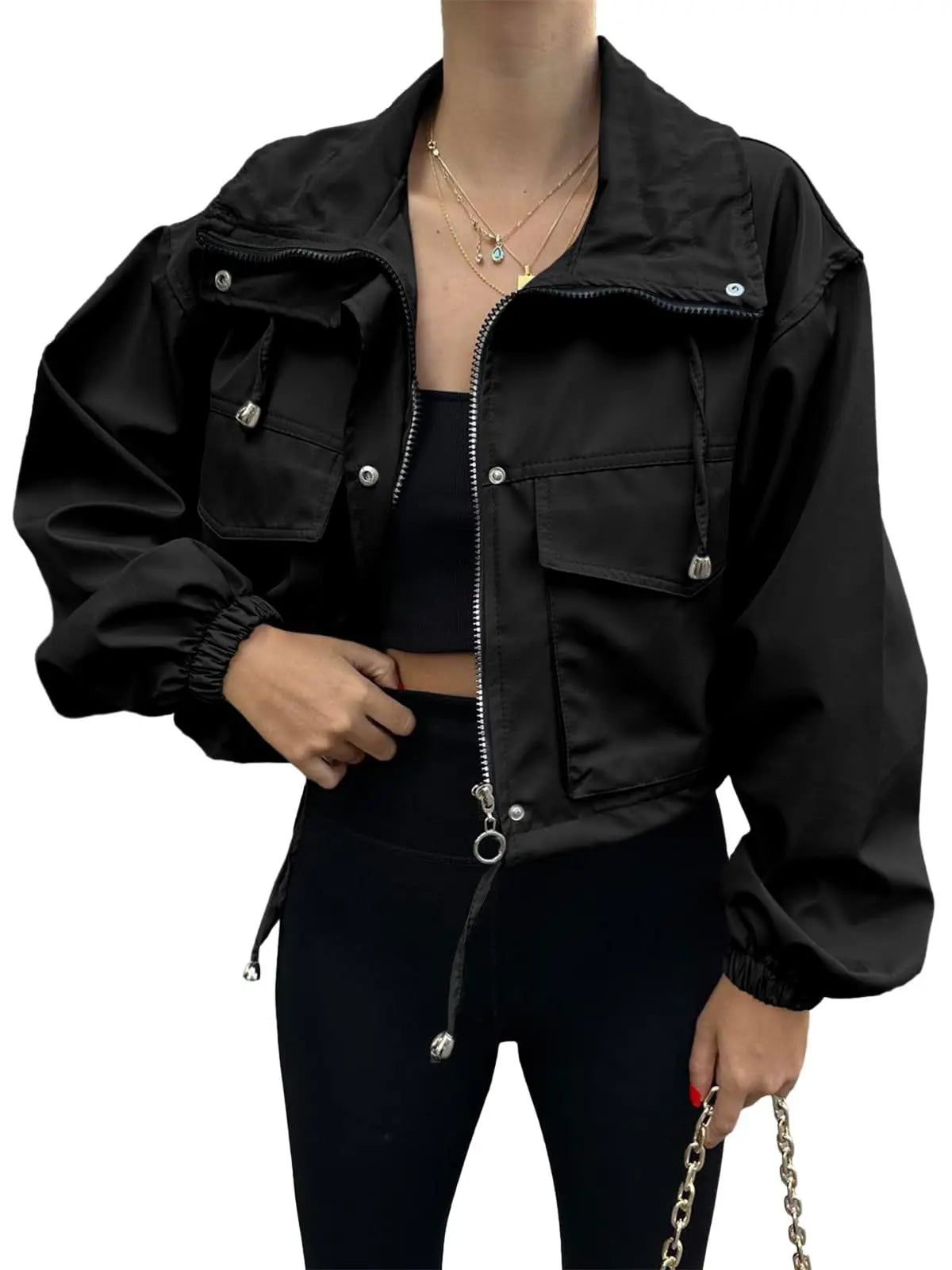 Women's Solid Zip Up Crop Jacket, Everyday Coats