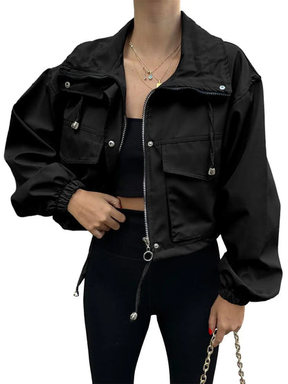 Women's Solid Zip Up Crop Jacket, Everyday Coats