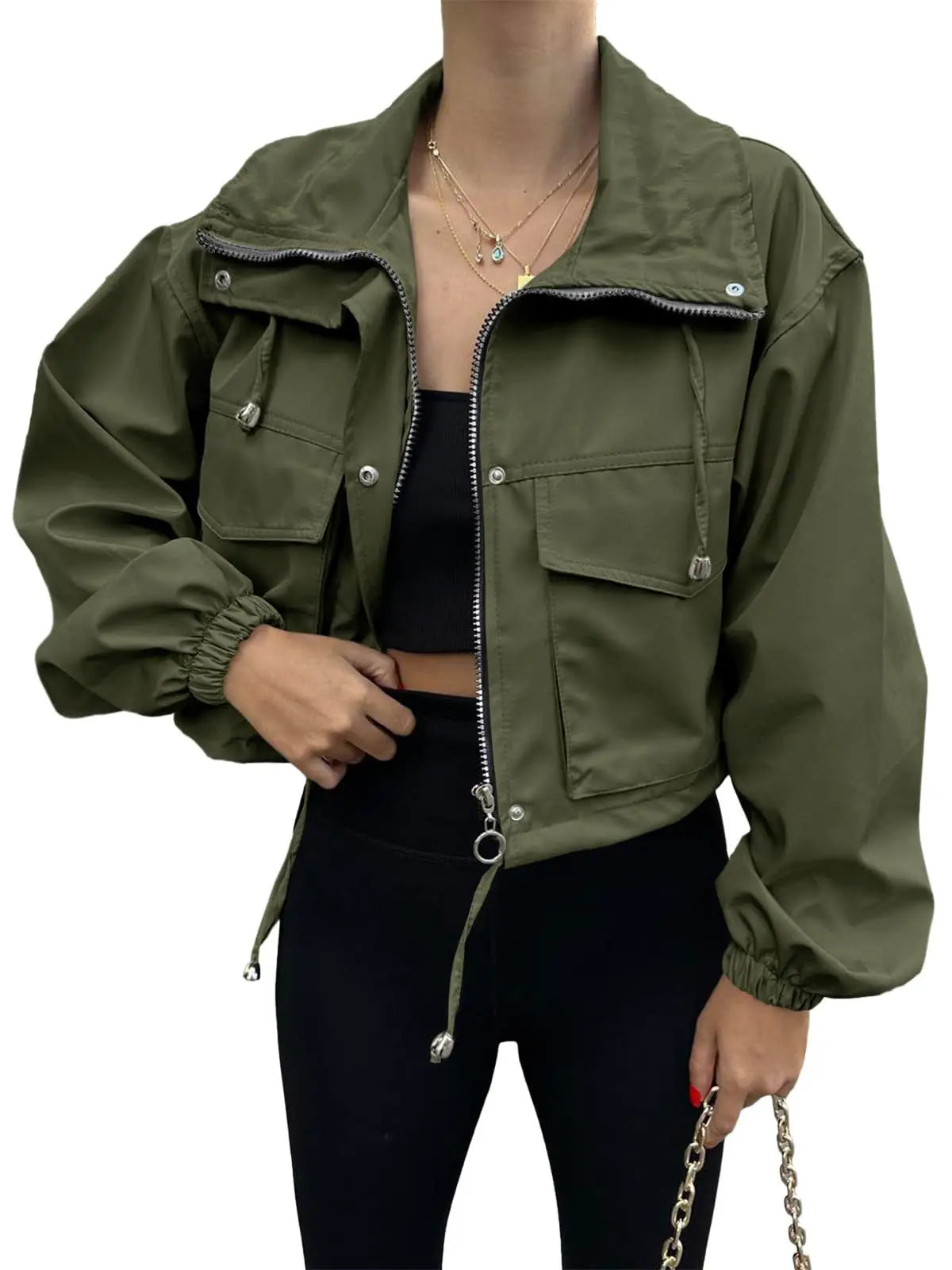 Women's Solid Zip Up Crop Jacket, Everyday Coats