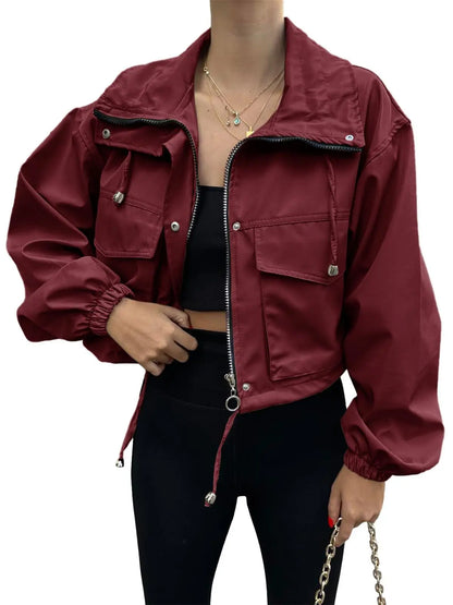 Women's Solid Zip Up Crop Jacket, Everyday Coats