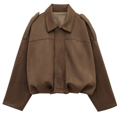 Women's Bomber Jacket Lapel Long Sleeve Zipper Suede Jacket Women