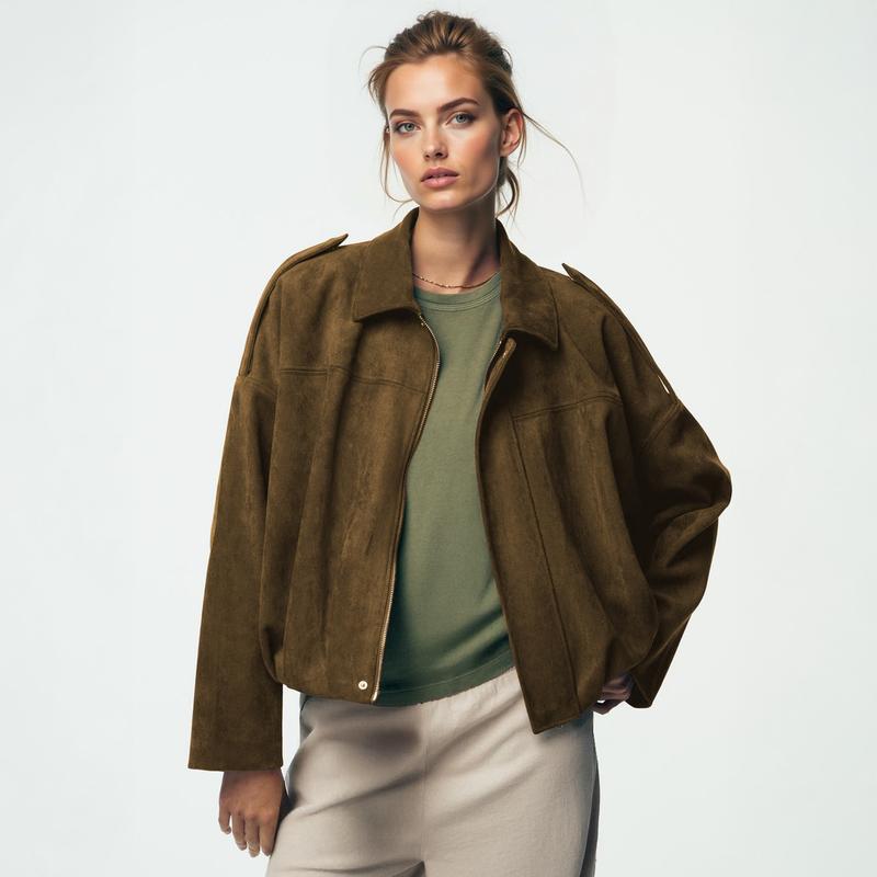 Women's Bomber Jacket Lapel Long Sleeve Zipper Suede Jacket Women